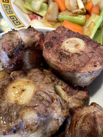 Preparing the Au Jus from Oxtails and Vegetables